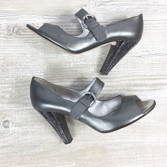 GIUSEPPE ZANOTTI Peep Toe Mary Jane Metallic Heels Silver Grey 7 - Picture 2 of 9